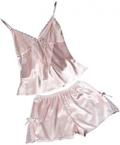 Womens Sexy Pajamas Satin Sling Sleepwear Floral Lingerie Lace Bowknot Nightdress Underwear Set - Pink - CM18S6Y53NQ $13.67 Bras