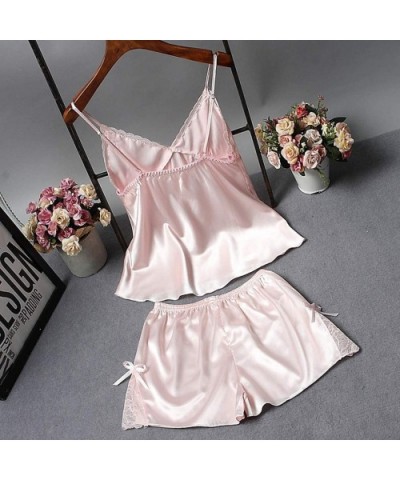 Womens Sexy Pajamas Satin Sling Sleepwear Floral Lingerie Lace Bowknot Nightdress Underwear Set - Pink - CM18S6Y53NQ $13.67 Bras