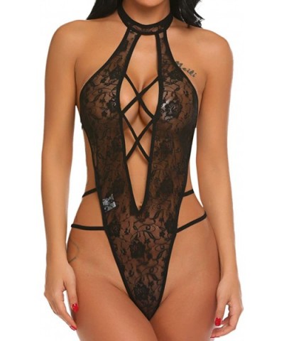 Women Lace Teddy Lingerie Cross Bandage Bodysuit Halter Babydoll Sleepwear - Black - C918DK7H53C $13.17 Baby Dolls & Chemises