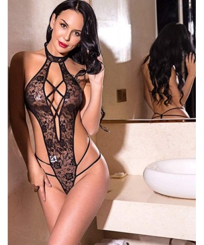 Women Lace Teddy Lingerie Cross Bandage Bodysuit Halter Babydoll Sleepwear - Black - C918DK7H53C $13.17 Baby Dolls & Chemises