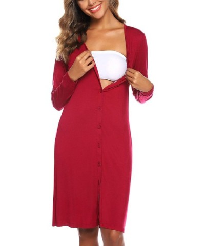 Women's Cotton Sleepwear Long Sleeve V Neck Sleep Shirt Loungewear Button Down Nightgowns - Wine Red - C918X07HLX8 $19.09 Nig...