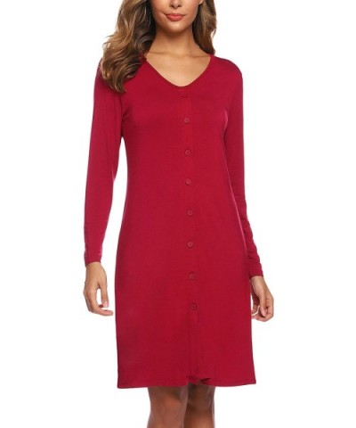 Women's Cotton Sleepwear Long Sleeve V Neck Sleep Shirt Loungewear Button Down Nightgowns - Wine Red - C918X07HLX8 $19.09 Nig...