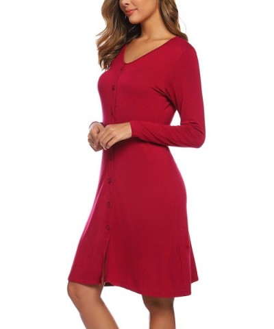 Women's Cotton Sleepwear Long Sleeve V Neck Sleep Shirt Loungewear Button Down Nightgowns - Wine Red - C918X07HLX8 $19.09 Nig...