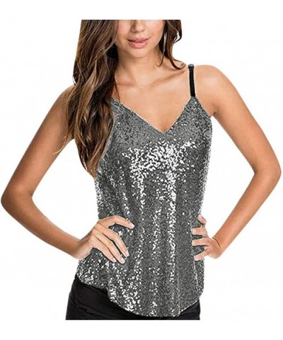 Womens Sequin Vest Sleeveless Sparkle Camisole Shimmer V Neck Tank Top - Silver - C1192A0YEDO $16.57 Nightgowns & Sleepshirts