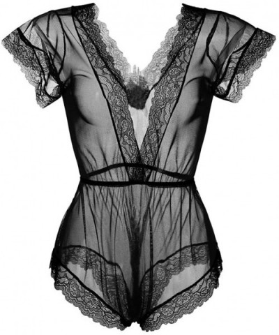 Sexy Lingerie for Women Plus Size Open Back Hollow Pajamas Women Lace Underwear Thongs Jumpsuit Bodysuit Lingerie Black - C11...