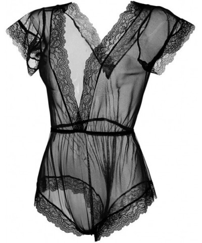 Sexy Lingerie for Women Plus Size Open Back Hollow Pajamas Women Lace Underwear Thongs Jumpsuit Bodysuit Lingerie Black - C11...