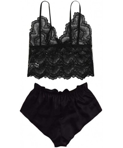 Women's Satin Pajamas Set Lace Suspender Bra Crop Top Shorts Sexy Underwear Lingerie Set - Black - CQ199SK833N $22.18 Sets