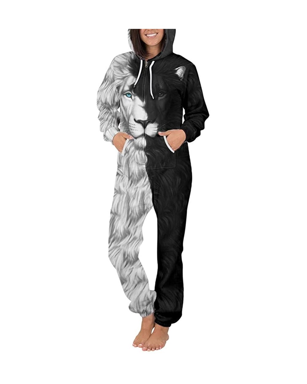 Unisex 3D Print Jumpsuits Galaxy Animal Hooded One Piece Pajama - Blue Eyes Lion - CF18YSQKQIN $74.25 Sleep Sets