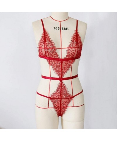 2020 Women Deep V Sexy Halter Lingerie Straps Bra Panty Garter Set Underwear One Piece Bodysuit Lace Babydoll - 002-red - C41...