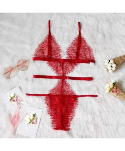 2020 Women Deep V Sexy Halter Lingerie Straps Bra Panty Garter Set Underwear One Piece Bodysuit Lace Babydoll - 002-red - C41...