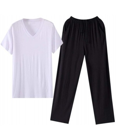 Mens Classic Pajama Set Short Sleeves & Long Pants Soft Woven Plain-Weave Lounge Wear - White+black - CW1985IEEAZ $58.34 Slee...