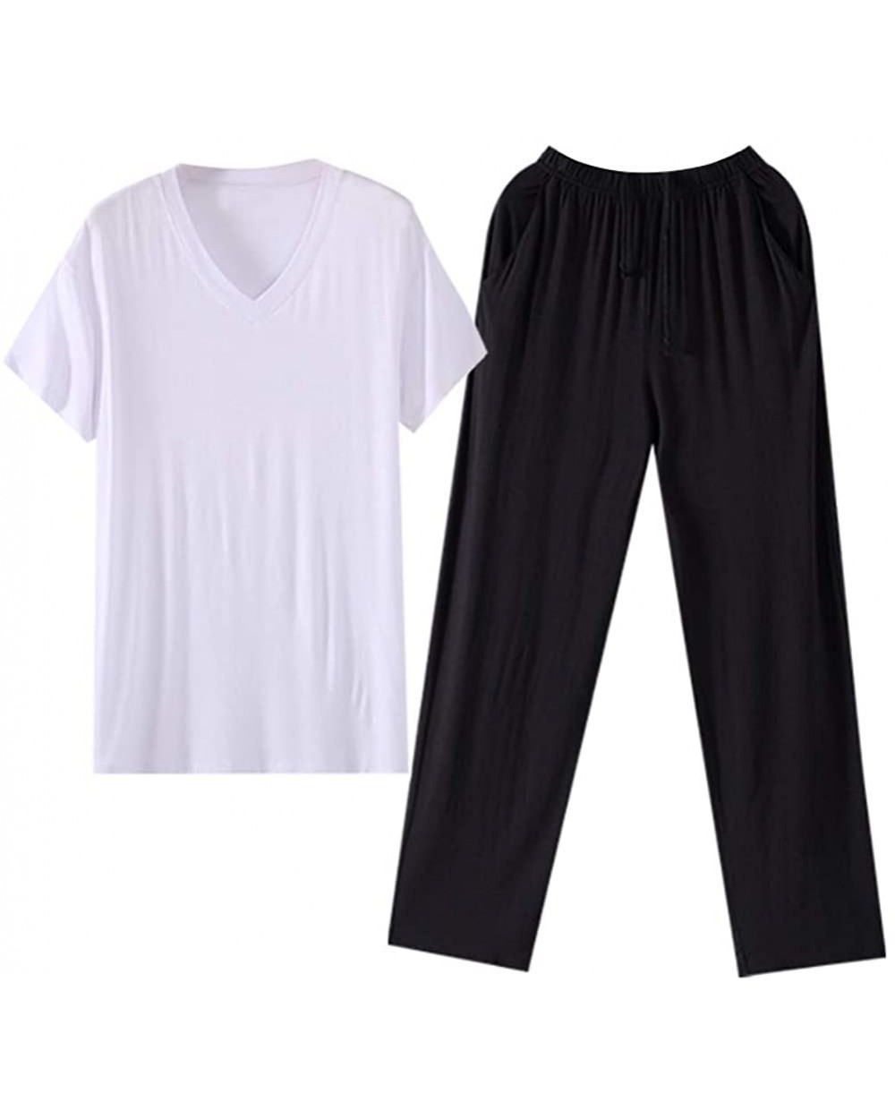 Mens Classic Pajama Set Short Sleeves & Long Pants Soft Woven Plain-Weave Lounge Wear - White+black - CW1985IEEAZ $58.34 Slee...