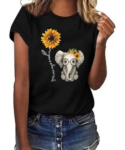 Women's Sunflower Short-Sleeve Grils Summer Tank Tee Tops Lovely Elephant - Black - CP199I8Z7IY $30.66 Camisoles & Tanks