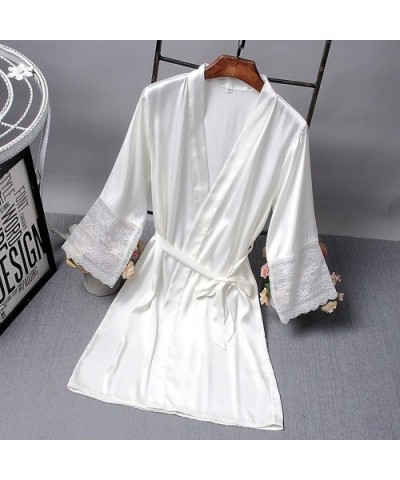 Women's Robes Pure Color Kimono Satin Robes Sexy Bathrobe Bride Party Loungewear Sleepwear with Belt - White - CN194CT78HO $1...