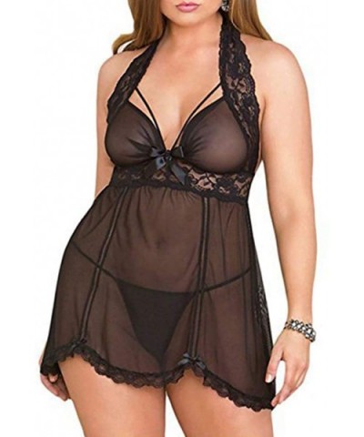 Womens Mesh Plus Size Sexy Babydoll Lace Halter Lingerie Set Deep V Strap Chemise - Black - C312LVOE9ON $14.79 Baby Dolls & C...