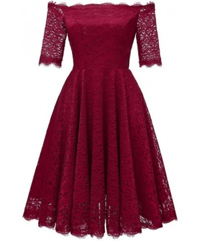 Off Shoulder Women Vintage Princess Floral Lace Cocktail Party Dress - Wine - CZ18GUM9C6U $55.89 Thermal Underwear