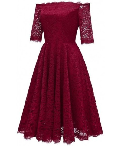 Off Shoulder Women Vintage Princess Floral Lace Cocktail Party Dress - Wine - CZ18GUM9C6U $55.89 Thermal Underwear