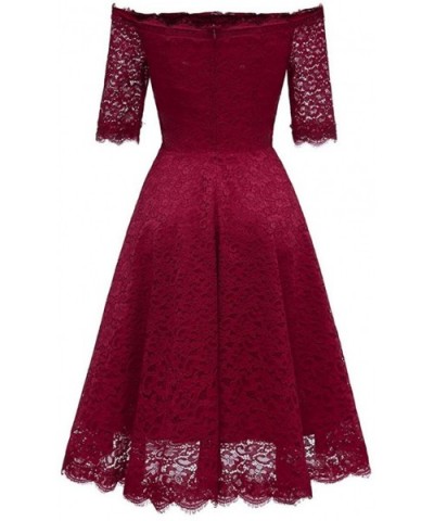 Off Shoulder Women Vintage Princess Floral Lace Cocktail Party Dress - Wine - CZ18GUM9C6U $55.89 Thermal Underwear