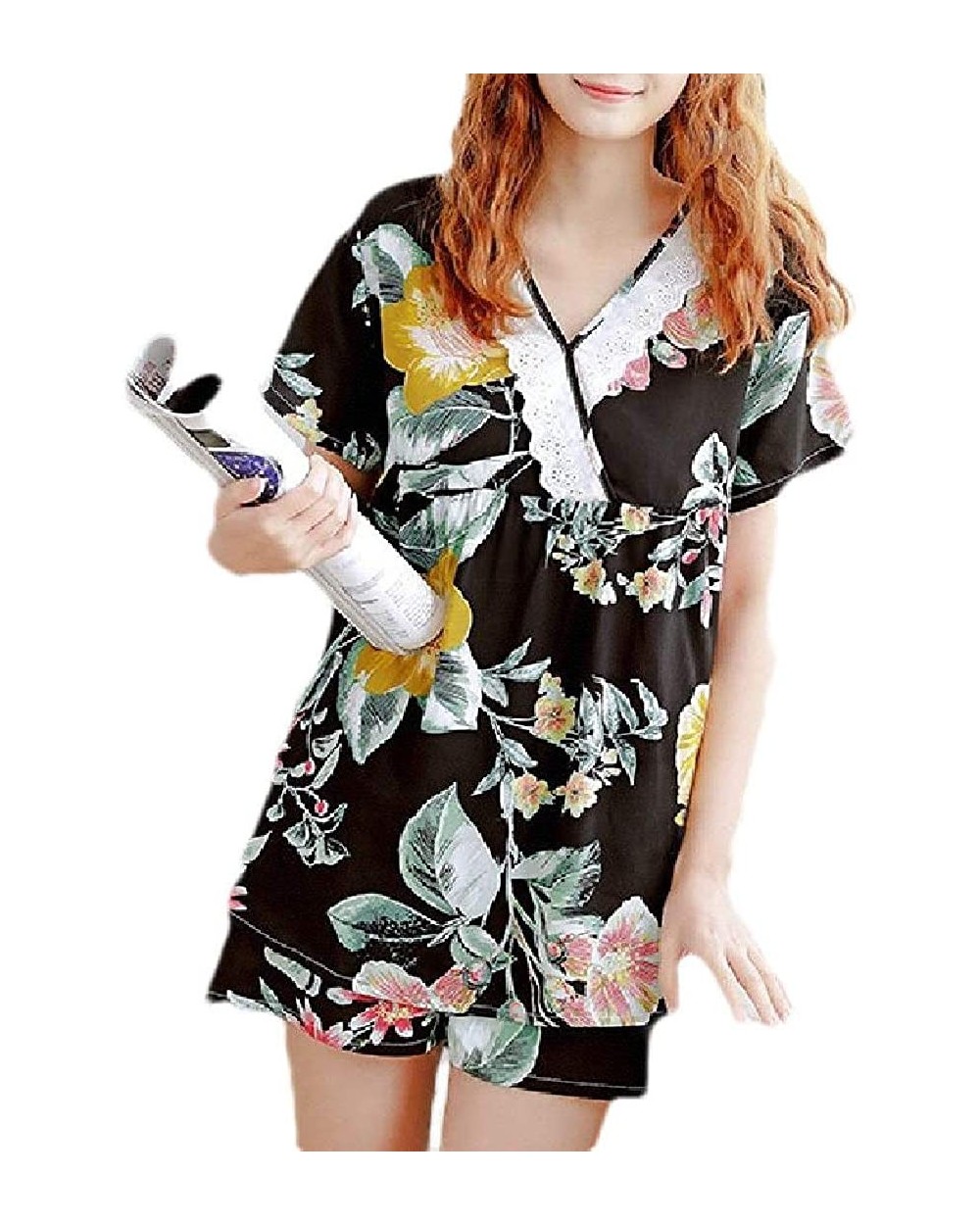 Womens Home Wear Shirt and Shorts Loungewear Printed Cotton Pajama Outfits - 2 - CI1907AG5AH $45.94 Sets