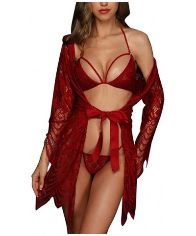 3PC Women Sexy Lingerie Plus Size Floral Lace Trim Up Robe Bra Panty Pajamas Set Nightgown - Red - C51933WXYAN $18.37 Bustier...