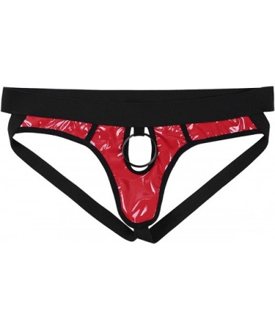 Mens Shiny Faux Leather Hollow Out Jockstrap Bikini Briefs with Metal O-Ring - Red - CH18YDMY0N4 $26.34 G-Strings & Thongs