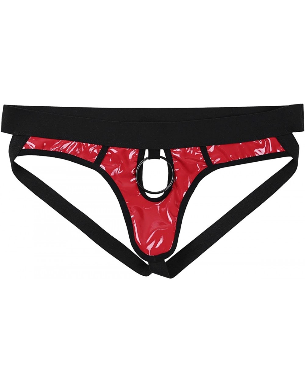 Mens Shiny Faux Leather Hollow Out Jockstrap Bikini Briefs with Metal O-Ring - Red - CH18YDMY0N4 $26.34 G-Strings & Thongs