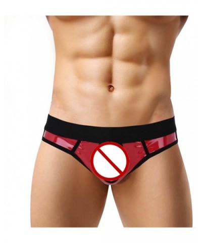 Mens Shiny Faux Leather Hollow Out Jockstrap Bikini Briefs with Metal O-Ring - Red - CH18YDMY0N4 $26.34 G-Strings & Thongs