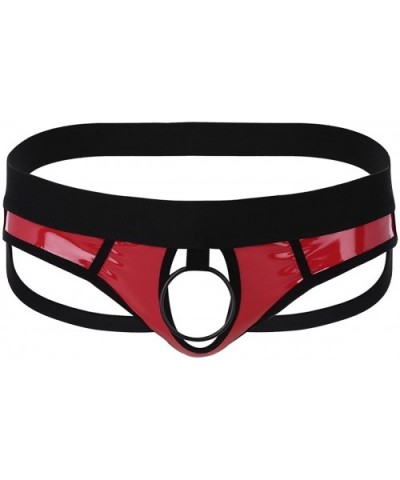 Mens Shiny Faux Leather Hollow Out Jockstrap Bikini Briefs with Metal O-Ring - Red - CH18YDMY0N4 $26.34 G-Strings & Thongs