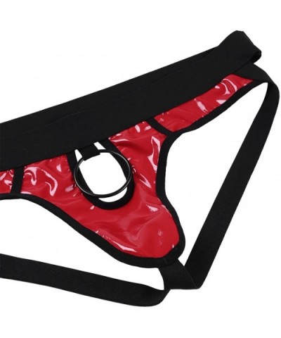 Mens Shiny Faux Leather Hollow Out Jockstrap Bikini Briefs with Metal O-Ring - Red - CH18YDMY0N4 $26.34 G-Strings & Thongs