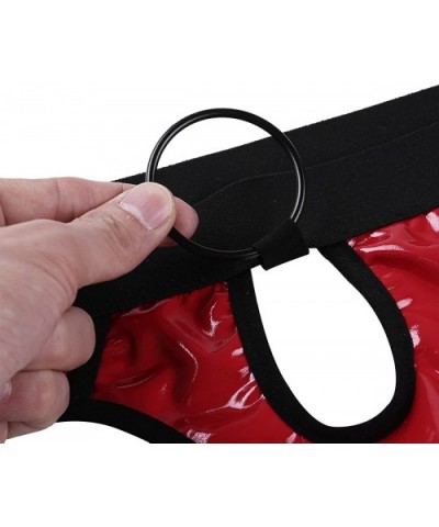 Mens Shiny Faux Leather Hollow Out Jockstrap Bikini Briefs with Metal O-Ring - Red - CH18YDMY0N4 $26.34 G-Strings & Thongs