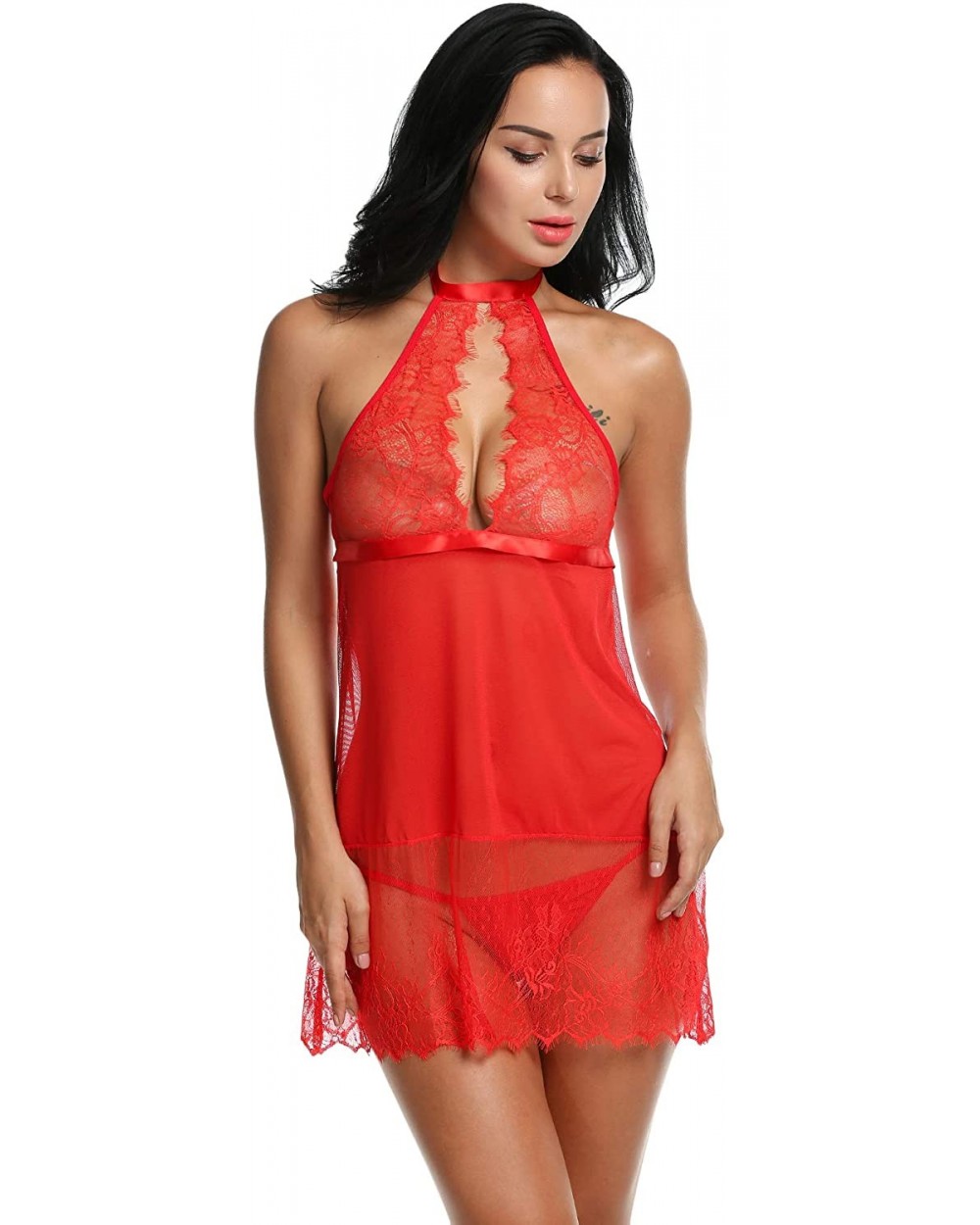 Poka Dot Women Lingerie Mesh Babydoll Chemise - Red(4451) - CK18Y2LR7TW $25.70 Baby Dolls & Chemises