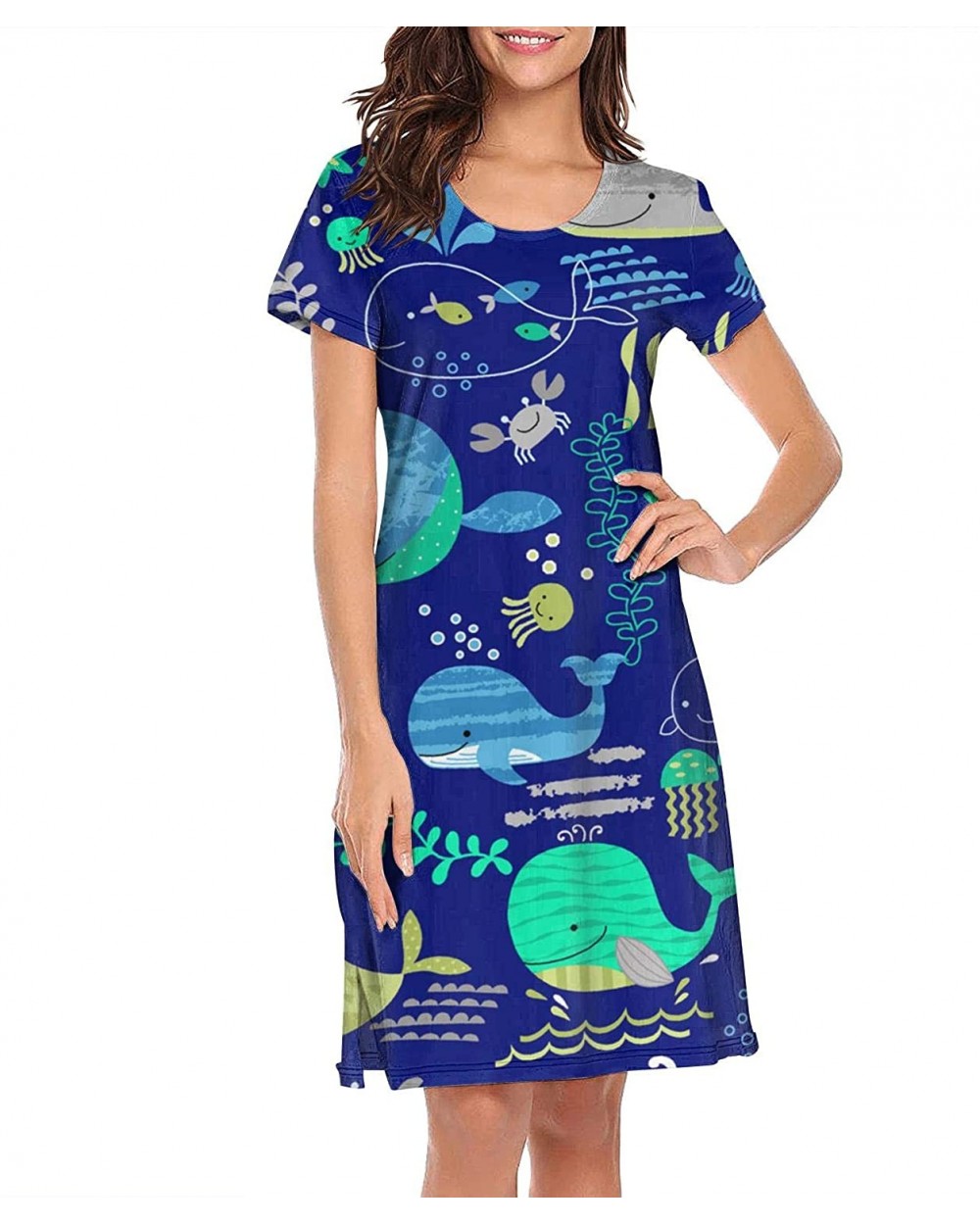 Womens Ladies Nightgowns Cartoon Whales Fun O-Neck Cool Short Sleeve Slip Dress - Cartoon Whales Fun - CB18XD366ON $43.01 Nig...