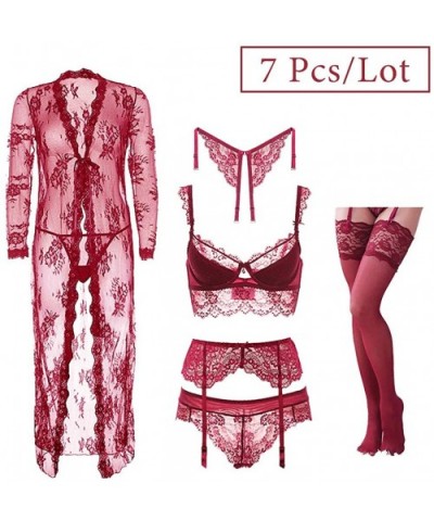 Women's Lace Lingerie Set Robe and Bra and Panties and Garter and Stockings and Racerback Straps and Thong - Wine Red - CA18T...