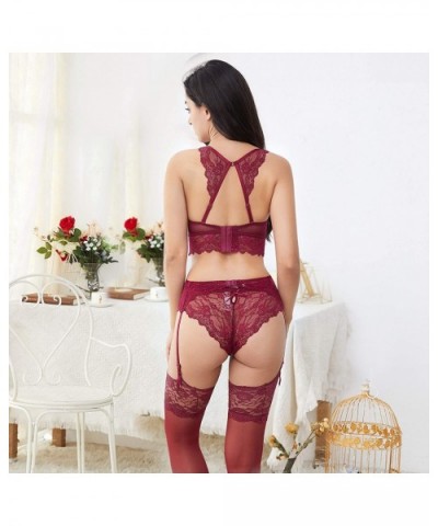 Women's Lace Lingerie Set Robe and Bra and Panties and Garter and Stockings and Racerback Straps and Thong - Wine Red - CA18T...