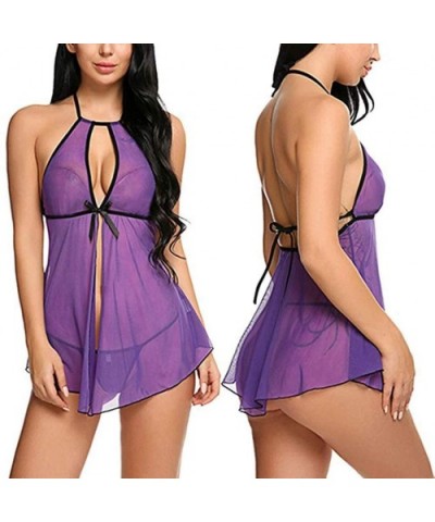 Women Solid Color Lingerie Hollow Backless Nightdress Sleepwear Pajamas S-3XL - Purple - C6199UTXQW9 $12.51 Nightgowns & Slee...