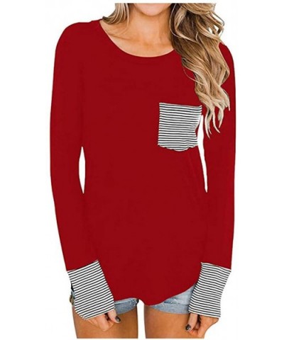 Women Solid Blouse Long Sleeve Stripe Stitching Casual Shirt Pullover Tops Tunics - Red - CX193GNXWLS $25.09 Slips