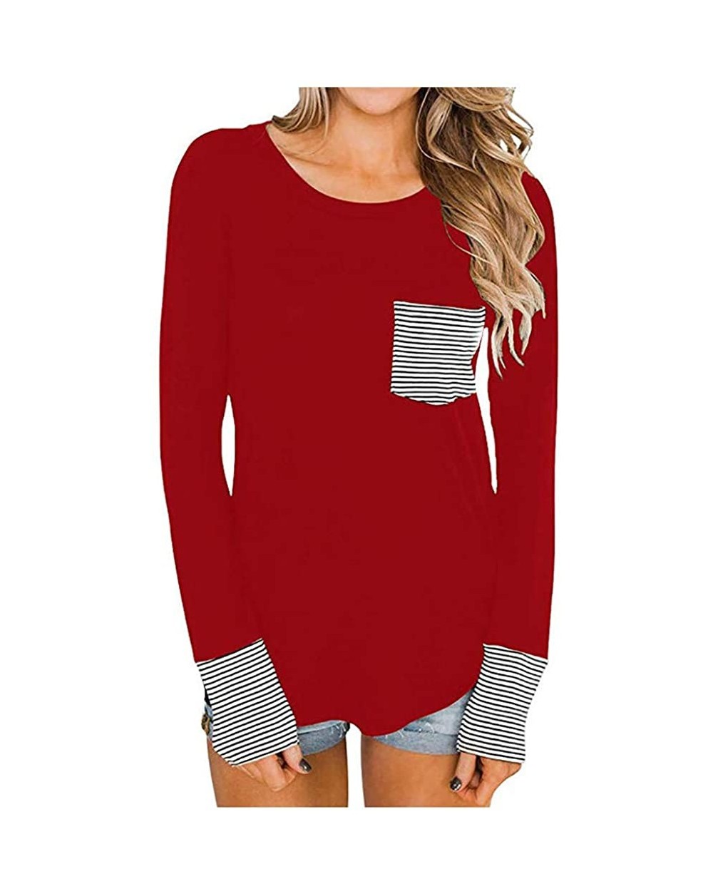 Women Solid Blouse Long Sleeve Stripe Stitching Casual Shirt Pullover Tops Tunics - Red - CX193GNXWLS $25.09 Slips