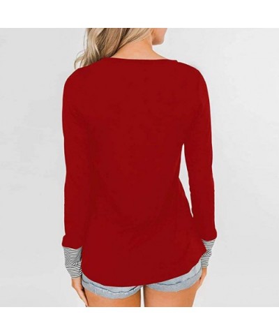 Women Solid Blouse Long Sleeve Stripe Stitching Casual Shirt Pullover Tops Tunics - Red - CX193GNXWLS $25.09 Slips