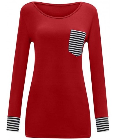 Women Solid Blouse Long Sleeve Stripe Stitching Casual Shirt Pullover Tops Tunics - Red - CX193GNXWLS $25.09 Slips