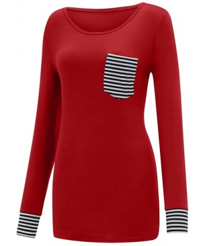 Women Solid Blouse Long Sleeve Stripe Stitching Casual Shirt Pullover Tops Tunics - Red - CX193GNXWLS $25.09 Slips