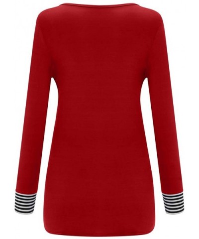 Women Solid Blouse Long Sleeve Stripe Stitching Casual Shirt Pullover Tops Tunics - Red - CX193GNXWLS $25.09 Slips