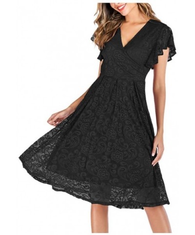 2019 New Dress for Women Short Sleeve V-Neck Lace Dress Slim fit Vintage Large Swing Dress - Black - C618Y3RW98G $53.38 Baby ...