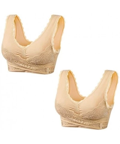 Sport Bra for Women Wireless Lace Push Up Bra Front Cross Side Buckle Lift Bra - 2pcs/Beige - CZ199GT44ML $40.08 Bras