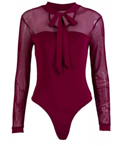 Women's Sexy Tie Neck Sheer Bodysuit Contrast Mesh Long Sleeve Blouse Tops - Red - C4196Z6XW74 $23.55 Shapewear