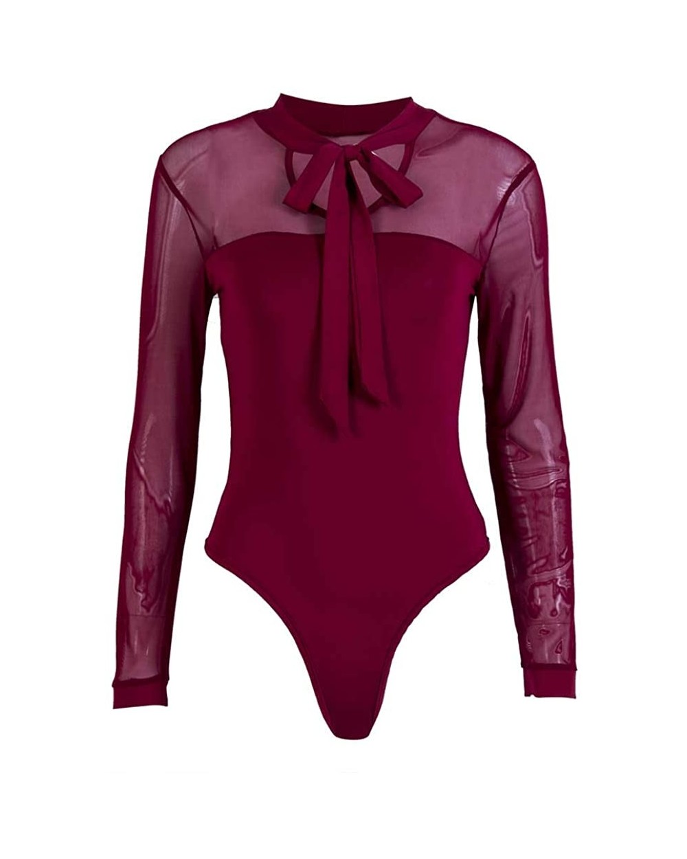 Women's Sexy Tie Neck Sheer Bodysuit Contrast Mesh Long Sleeve Blouse Tops - Red - C4196Z6XW74 $23.55 Shapewear