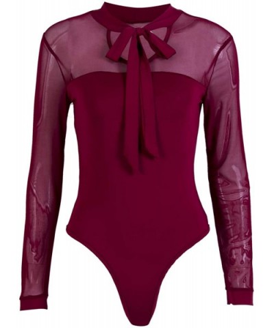 Women's Sexy Tie Neck Sheer Bodysuit Contrast Mesh Long Sleeve Blouse Tops - Red - C4196Z6XW74 $23.55 Shapewear