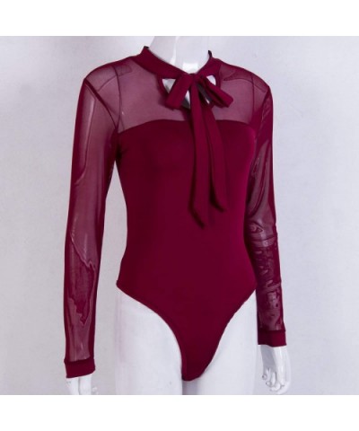 Women's Sexy Tie Neck Sheer Bodysuit Contrast Mesh Long Sleeve Blouse Tops - Red - C4196Z6XW74 $23.55 Shapewear