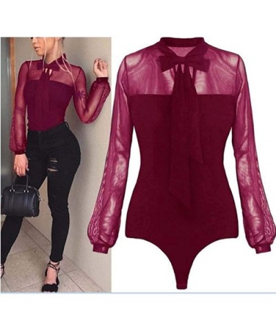 Women's Sexy Tie Neck Sheer Bodysuit Contrast Mesh Long Sleeve Blouse Tops - Red - C4196Z6XW74 $23.55 Shapewear