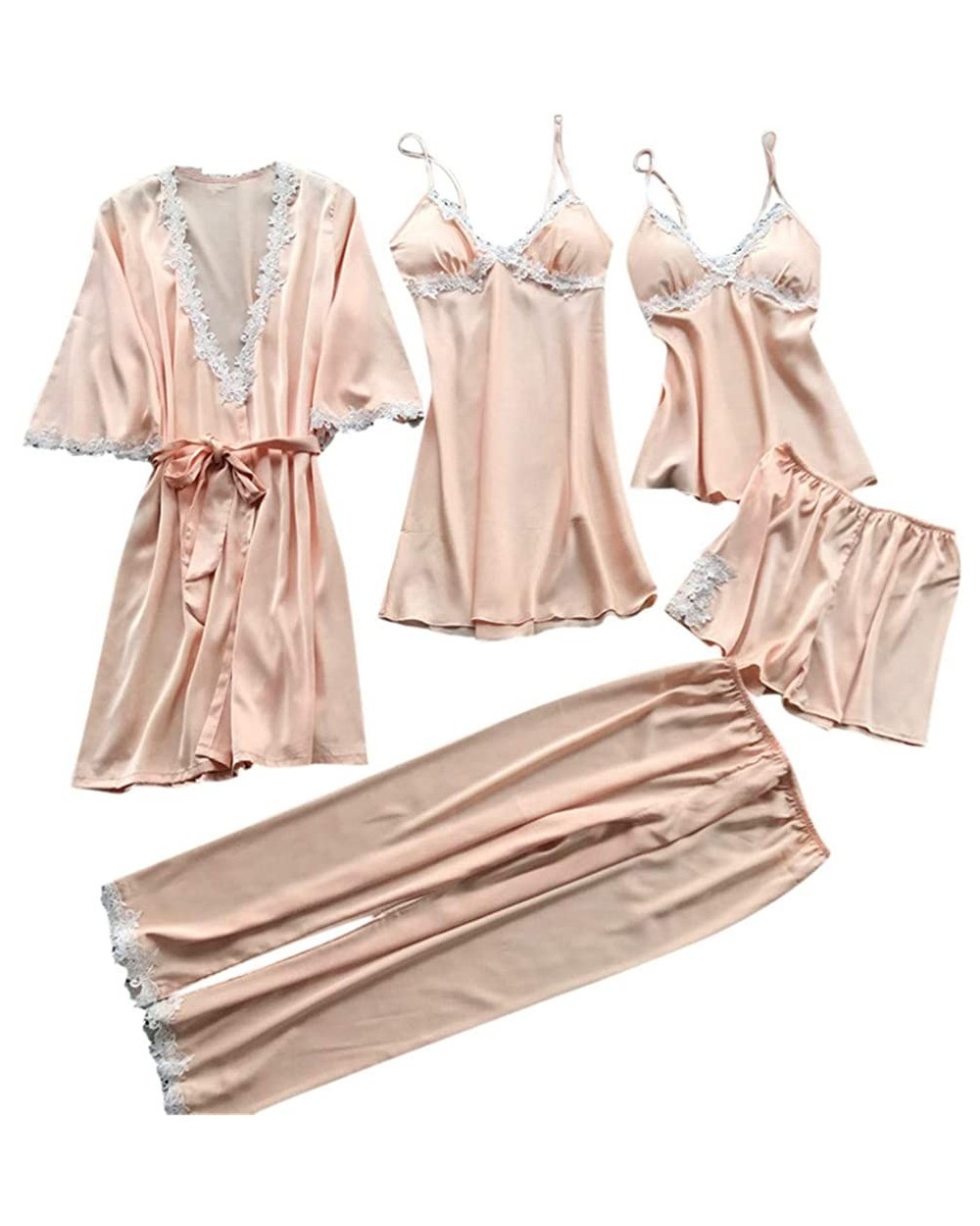 Women's 5pcs Pajama Set Cami Dress Thin Strap Dress-Home Wear Clothes - Beige - C81943KQL3Q $40.79 Nightgowns & Sleepshirts