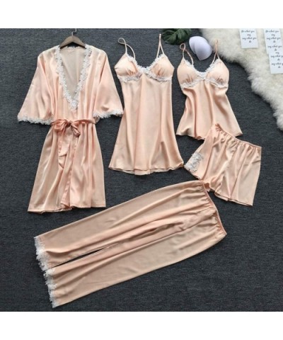 Women's 5pcs Pajama Set Cami Dress Thin Strap Dress-Home Wear Clothes - Beige - C81943KQL3Q $40.79 Nightgowns & Sleepshirts